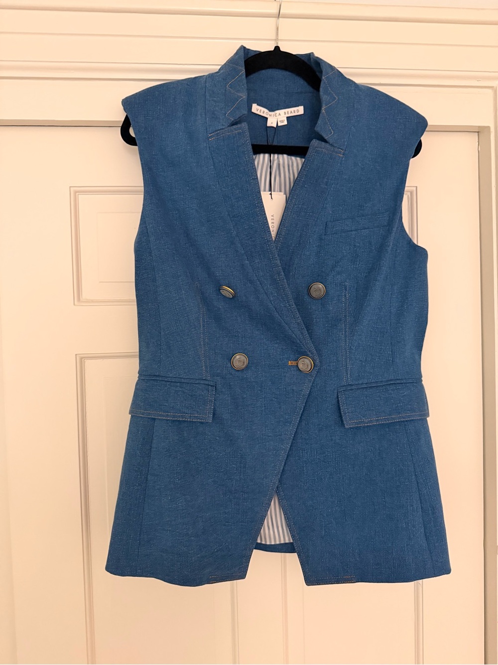 Veronica Beard Double-Breasted Sleeveless Denim-Blue Vest